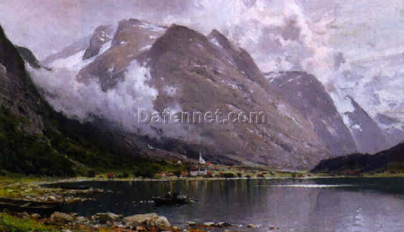 Stunning Dafen Village Reproduction of Walter Moras’ ‘Hochgebirgslandschaft mit spiegelndem See’ – 39×64.5 cm Oil on Canvas for Interior Decorators