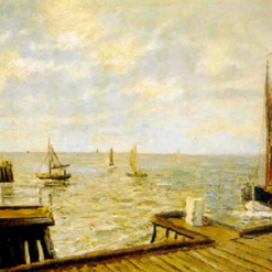 Authentic Dafen Village Reproduction of Walter Moras' 'Blick von hölzerner Mole auf weiten, spiegelnden See mit Booten, 1906–1906' - 60x80 cm Oil on Canvas for Maritime Art Aficionados