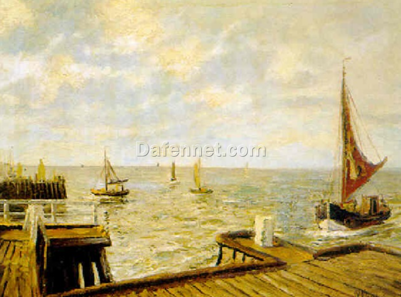 Authentic Dafen Village Reproduction of Walter Moras’ ‘Blick von hölzerner Mole auf weiten, spiegelnden See mit Booten, 1906–1906’ – 60×80 cm Oil on Canvas for Maritime Art Aficionados