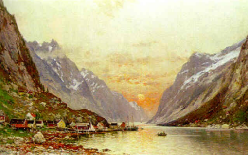 Réplique peinte à la main de haute qualité du village de Dafen de ’A Fjord‘ de Walter Moras - 55.8×90.7 cm Huile sur toile pour les collectionneurs d'art