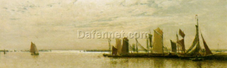 Exquisite Dafen Village Reproduction of Walter Moras’ ‘Heimkehrende Fischer am Bootssteg’ – 22×62 cm Oil on Canvas for Interior Decorators