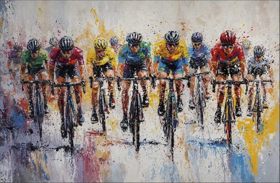 Road Cycling Race Oil Painting | Dynamic Sports Art on Canvas – Hand-Painted Wall Decor for Home, Office & Gym | DaFen Village Studio