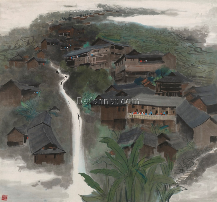 Wu Guanzhong Guangxi Zhuang Village – Abstract Landscape Oil Painting for Living Room Walls