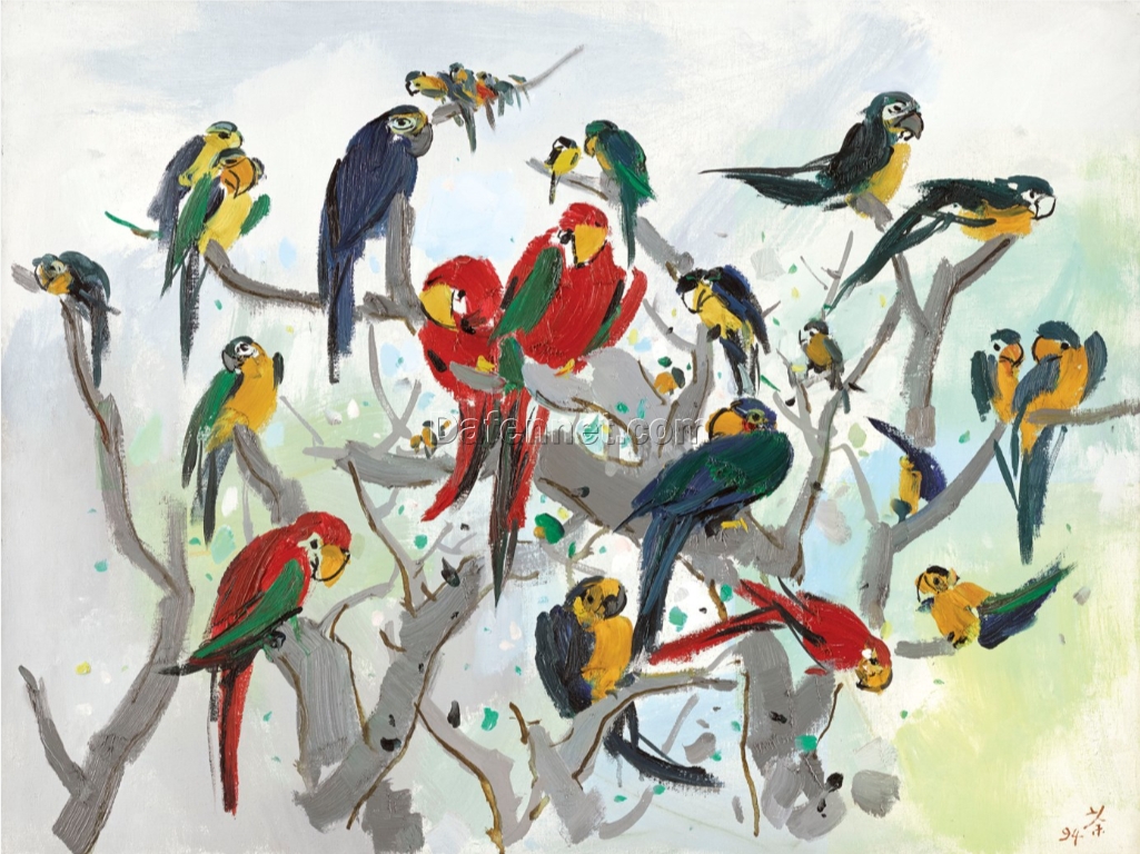 Parrot Paradise by Wu Guanzhong – Vibrant Chinese Abstract Oil Painting on Canvas for Wall Decor