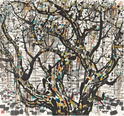 « Banyan Tree and Sea » de Wu Guanzhong – Élégante peinture à l'huile représentant un paysage chinois