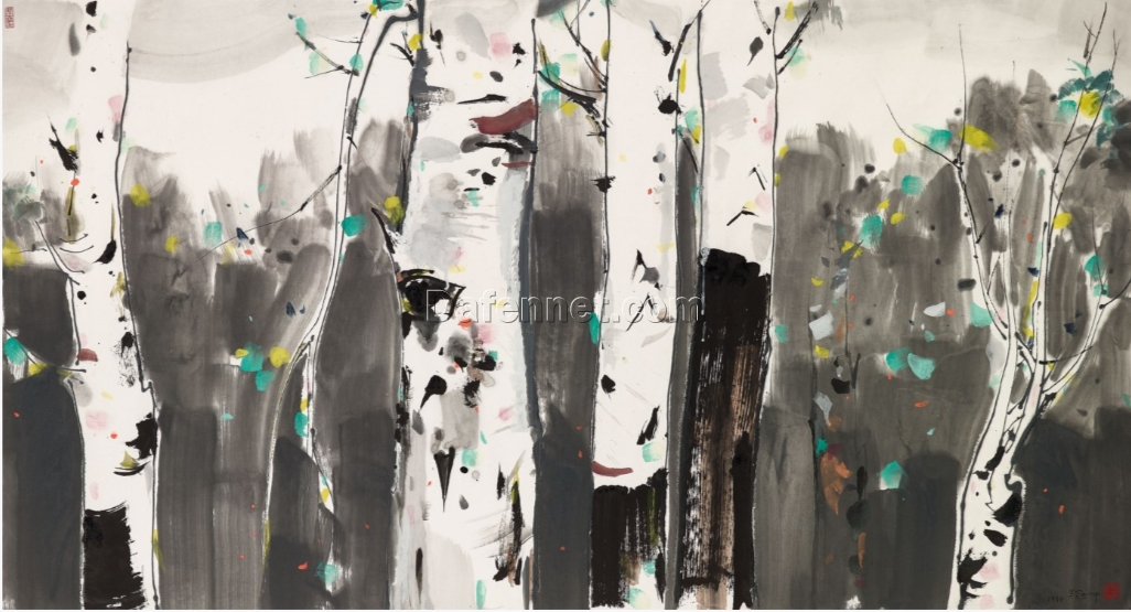 Wu Guanzhong’s Birch Trees – Asian Private Collection Landscape Oil Painting
