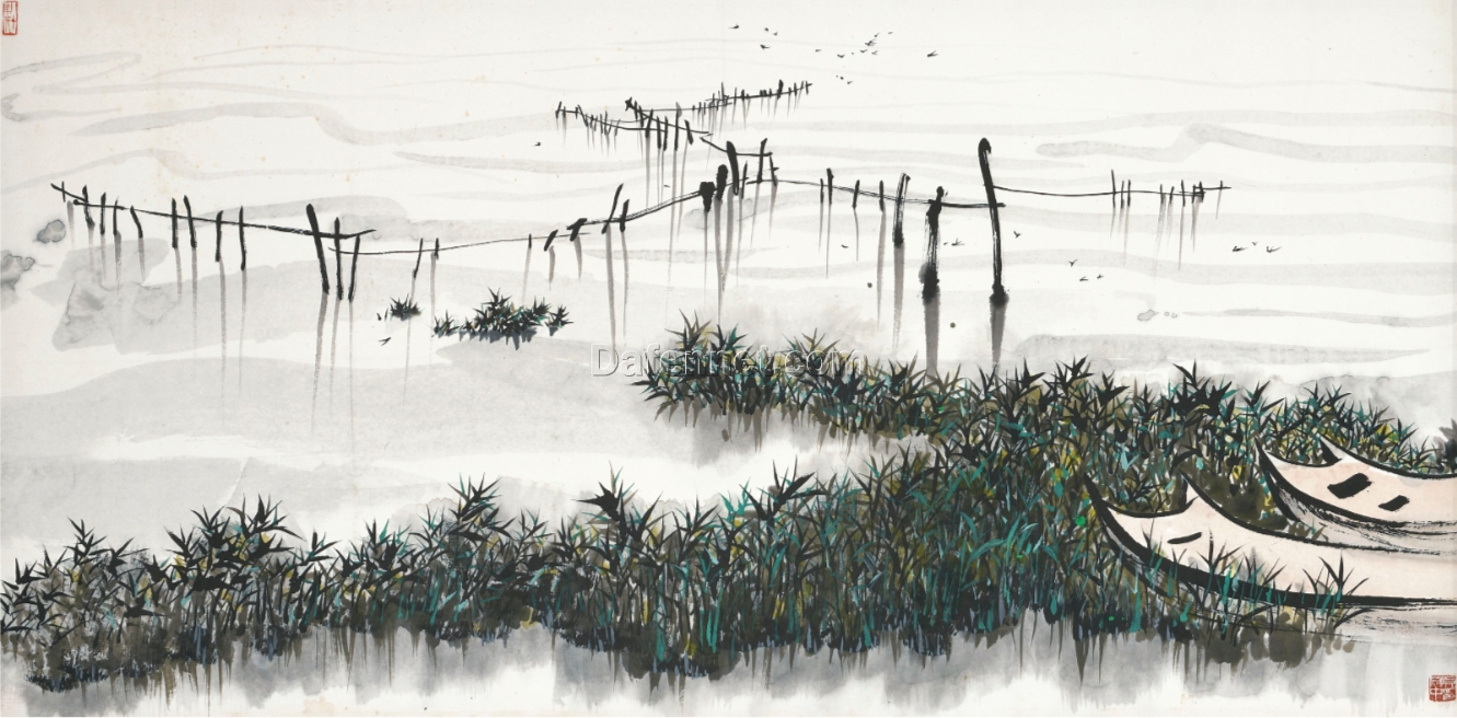 Mooring on Tai Lake” – Wu Guanzhong Style Chinese Ink Landscape Oil Painting on Canvas