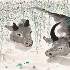 Water Buffalo in Ink Style” – Wu Guanzhong Inspired Chinese Animal Oil Painting on Canvas