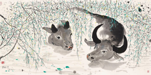 Water Buffalo in Ink Style” – Wu Guanzhong Inspired Chinese Animal Oil Painting on Canvas