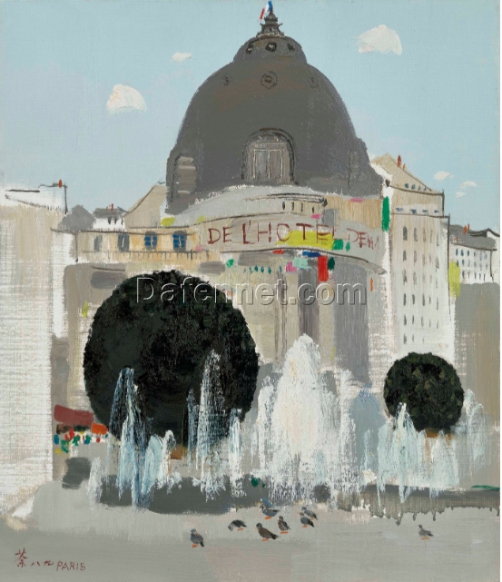 Large Canvas Oil Painting – Abstract Fountain Artwork in Wu Guanzhong Style for Contemporary Decor