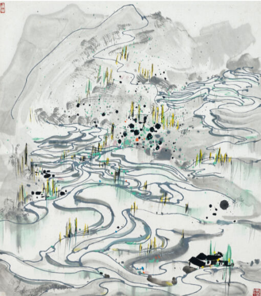 Rice Fields Serenity” – Wu Guanzhong Inspired Landscape Oil Painting on Canvas, Hand-Painted Wall Art