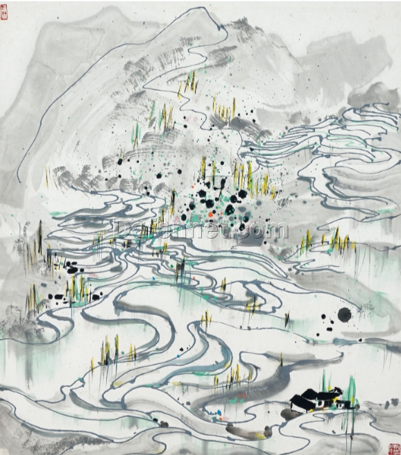 Rice Fields Serenity” – Wu Guanzhong Inspired Landscape Oil Painting on Canvas, Hand-Painted Wall Art