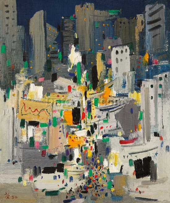 Wu Guanzhong-Inspired Oil Painting: Traditional Chinese Landscape with Modern Abstract Elements – Custom Art for Home and Hotel Decor