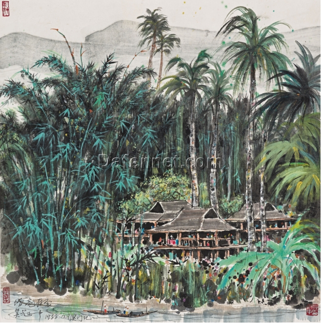 Tropical Chinese Landscape – Xishuangbanna Scene in Wu Guanzhong Style, Custom Abstract Wall Art