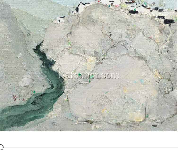 Wu Guanzhong Style River Village Landscape – ‘People by the Wu River’ Inspired Oil Painting on Canvas
