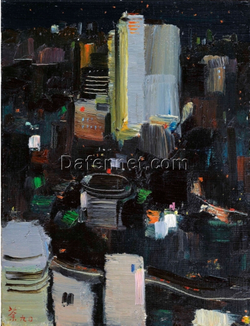 Tokyo at Night – Wu Guanzhong Inspired Modern Cityscape Oil Painting on Canvas, Custom DaFen Studio Art