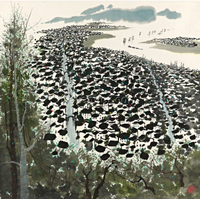 Coastal Serenity – Handcrafted Wu Guanzhong Seaside Town Painting, Custom Oil on Canvas from DaFen Studio