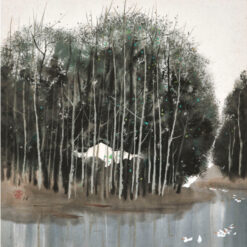 Hand-Painted Wu Guanzhong 'Dahuo Spring' Oil Painting – Abstract Chinese Mountain Scene for Living Room Decor