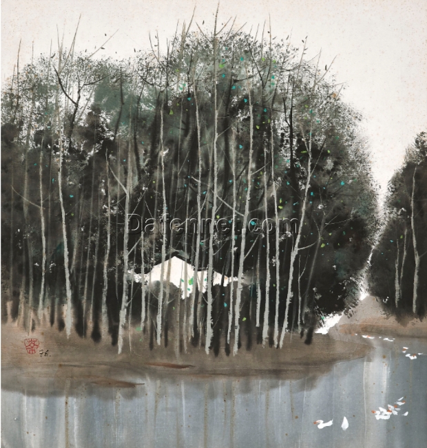 Hand-Painted Wu Guanzhong ‘Dahuo Spring’ Oil Painting – Abstract Chinese Mountain Scene for Living Room Decor