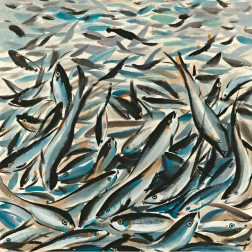 Abstract Fish Art by Wu Guanzhong – 1976 Inspired Oil Painting on Canvas, DaFen Custom Wall Decor for Home & Hotel