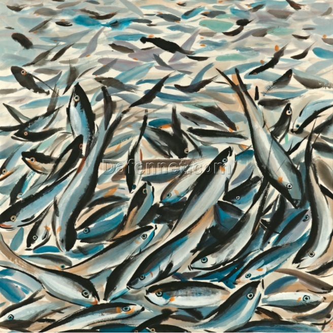Abstract Fish Art by Wu Guanzhong – 1976 Inspired Oil Painting on Canvas, DaFen Custom Wall Decor for Home & Hotel