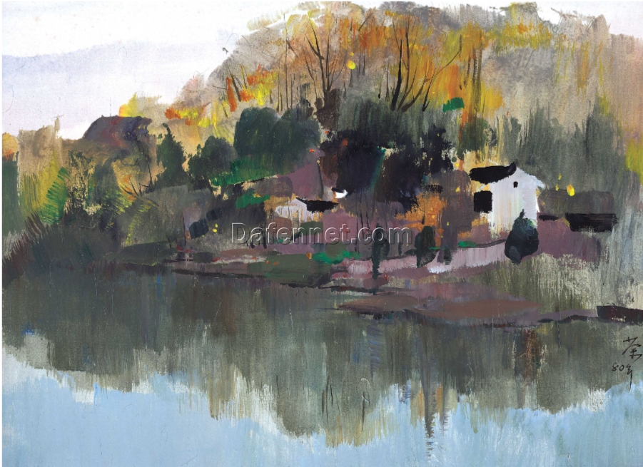 Custom Wu Guanzhong ‘Riverbank’ Style Oil Painting – Modern Chinese Landscape Canvas by DaFen Studio