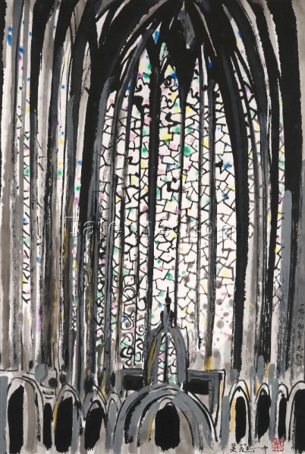 Wu Guanzhong Inspired Oil Painting – Paris Church Scene in Chinese Abstract Style by DaFen Studio