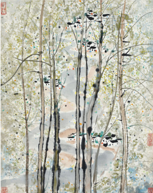 DaFen Village Custom Oil Painting – Wu Guanzhong’s Riverbank Homes – Elegant Chinese Landscape for Interior Design