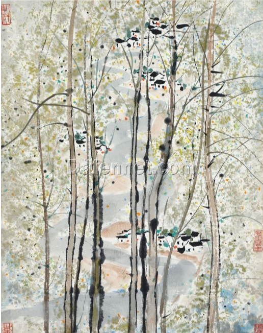 DaFen Village Custom Oil Painting – Wu Guanzhong’s Riverbank Homes – Elegant Chinese Landscape for Interior Design