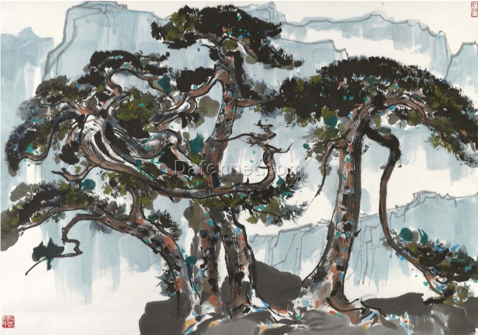 Wu Guanzhong ‘Cang Song’ – Custom Oil Painting of Majestic Pine for Modern Home & Hotel Décor