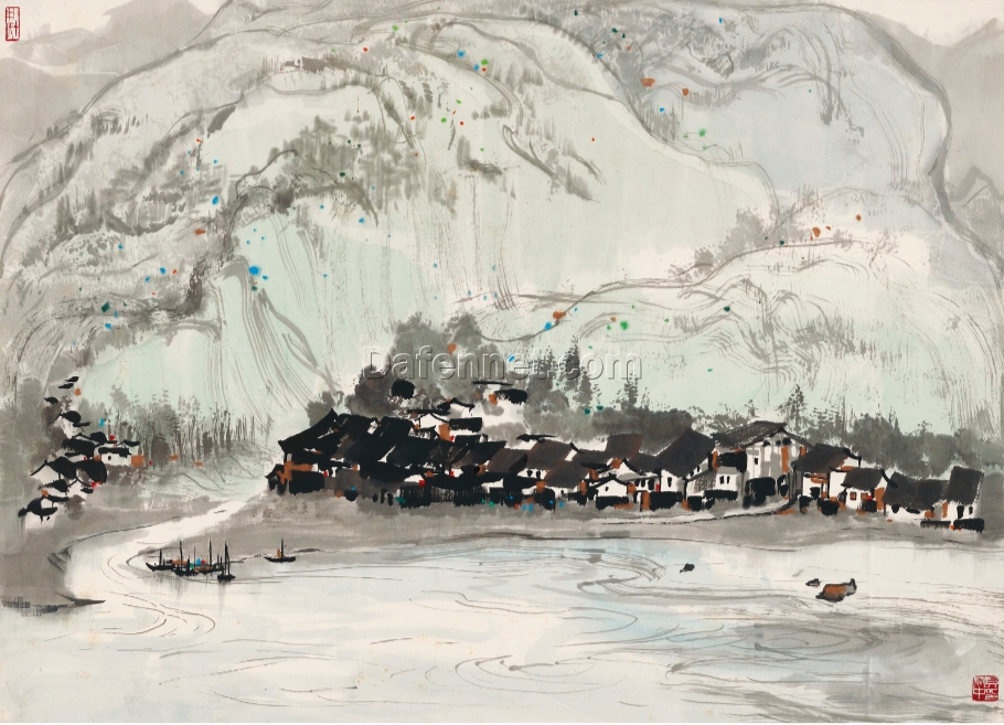 Wu Guanzhong ‘Li River Town’ – Elegant Landscape Oil Painting for Modern Home & Hotel Décor