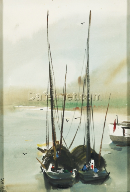 Wu Guanzhong Style Boat Painting – Chinese Abstract Landscape Wall Art on Canvas, Custom from DaFen Village