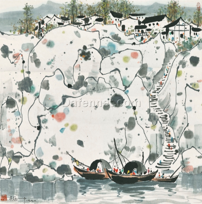 Wu Guanzhong ‘By the Wu River’ Inspired Oil Painting – Chinese Modern Landscape Wall Art on Canvas