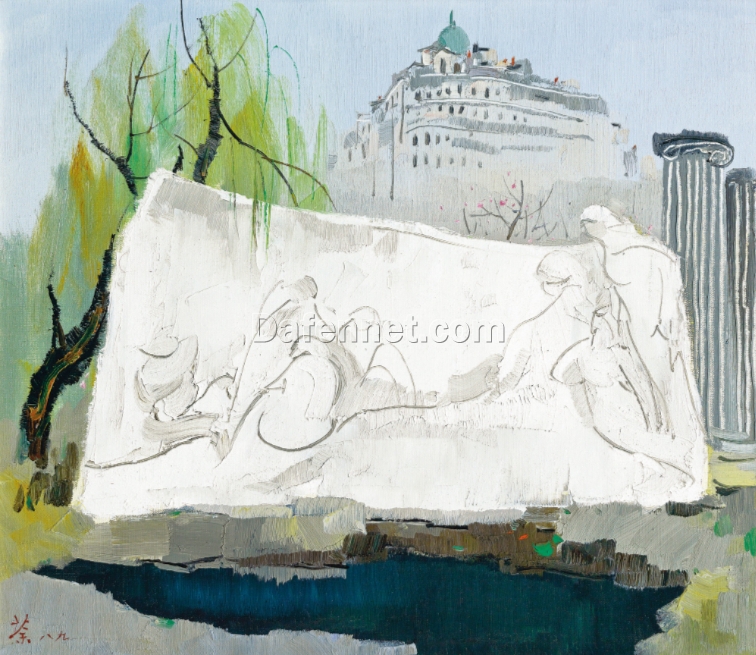 Wu Guanzhong Style Chinese Landscape Oil Painting – Modern Ink and Color Art on Canvas by DaFen Studio
