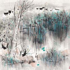 Wu Guanzhong Inspired Canvas Wall Art – ‘Village by the River’ Modern Chinese Ink Style Painting
