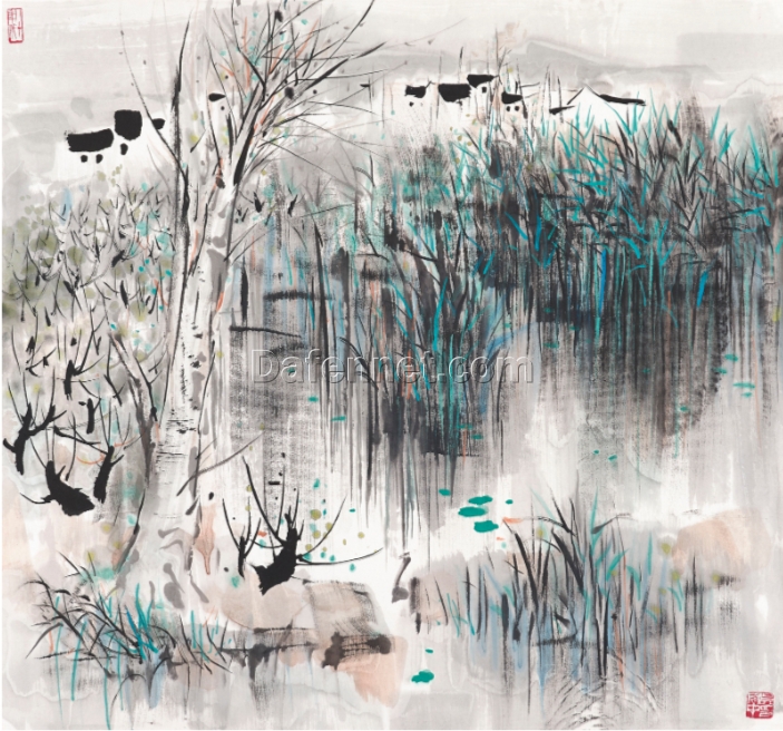 Wu Guanzhong Inspired Canvas Wall Art – ‘Village by the River’ Modern Chinese Ink Style Painting