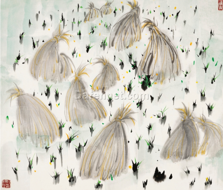 Wu Guanzhong ‘Rice Field’ Hand-Painted Landscape – Modern Chinese Art for Elegant Interiors