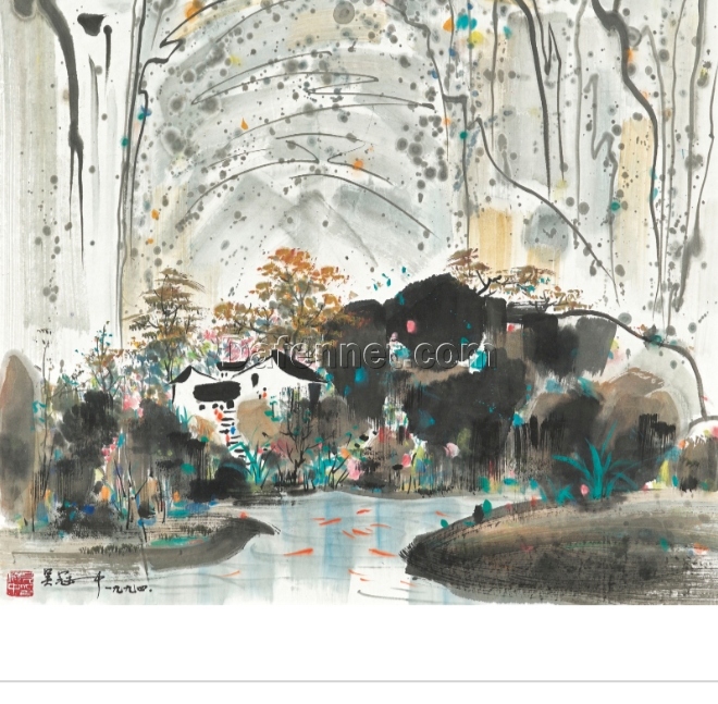 Wu Guanzhong’s Waterfall Fish Pond – Custom Oil Painting for Serene Home & Hotel Spaces