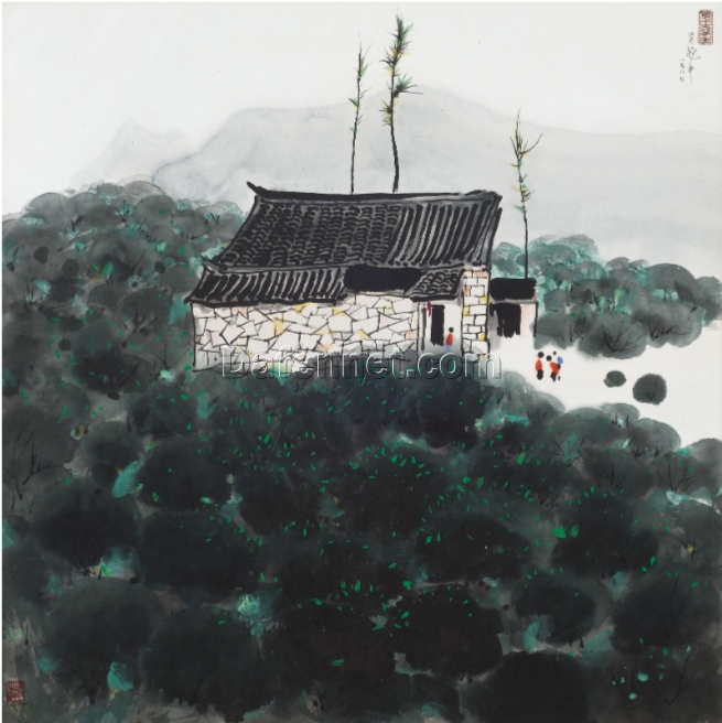 Wu Guanzhong Tea Field Oil Painting – Modern Chinese Rural Scenery for Home Décor