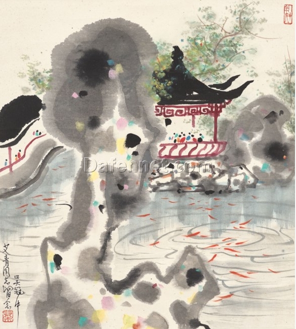 Custom Oil Painting – Watching Fish by Wu Guanzhong, Modern Chinese Wall Art for Zen-Inspired Interiors