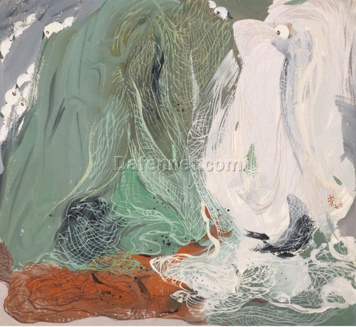 Wu Guanzhong Inspired Abstract Fishing Net Artwork – Hand-Painted Oil on Canvas | Minimalist Coastal Wall Decor