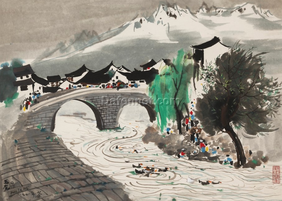 Chinese Scenic Landscape Oil Painting – Lijiang Mountain Town Art in Wu Guanzhong Style | Custom Canvas from DaFen Studio