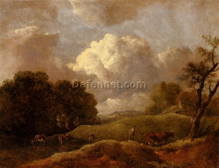 INSPIRED BY Thomas Gainsborough’s “An Extensive Landscape With Cattle and a Drover” – Custom Oil Painting for Country Home Décor | DaFen Village Studio