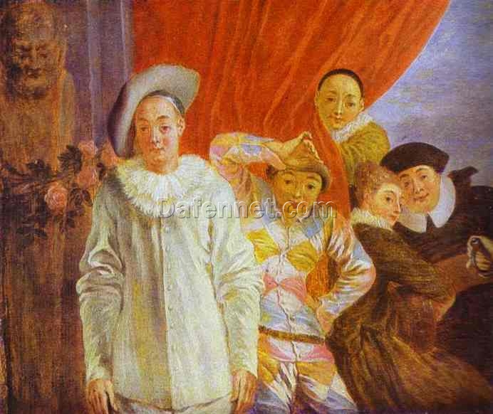 Buy Harlequin, Pierrot and Scapin by Antoine Watteau – 1716 Rococo Oil Painting | DaFen Village Studio