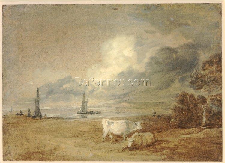 INSPIRED BY “Coastal Scene with Shipping, Figures, and Cows” by Thomas Gainsborough – Hand-painted Rococo Landscape Oil on Canvas | DaFen Village Studio