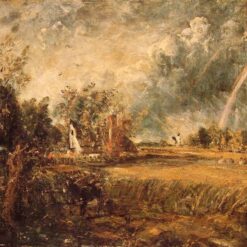 Large Vintage Landscape Oil Painting – Cottage with Rainbow and Mill by John Constable