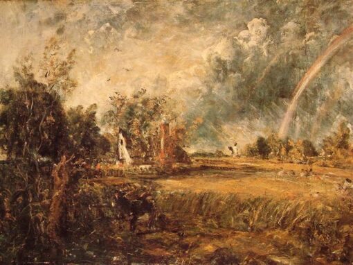 Large Vintage Landscape Oil Painting – Cottage with Rainbow and Mill by John Constable