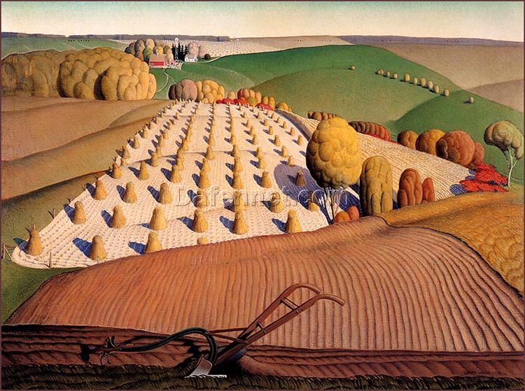 Grant Wood ‘Fall Plowing’ 1931 – Iconic Regionalist Autumn Landscape Oil on Canvas Reproduction