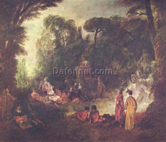 Feast in Park by Antoine Watteau – 1712 Rococo Oil Painting Reproduction | Custom Art from DaFen Village Studio