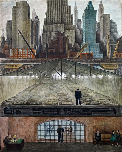 Diego Rivera ‘Frozen Assets’ Mural Reproduction – Industrial Capitalism Allegory in Fresco-Style Oil Painting